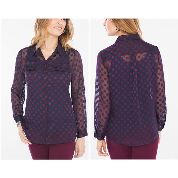 Chico's Women's Purple Metallic Luxe-Dot Print Button Front Sheer Shirt 1/Medium - Picture 1 of 8
